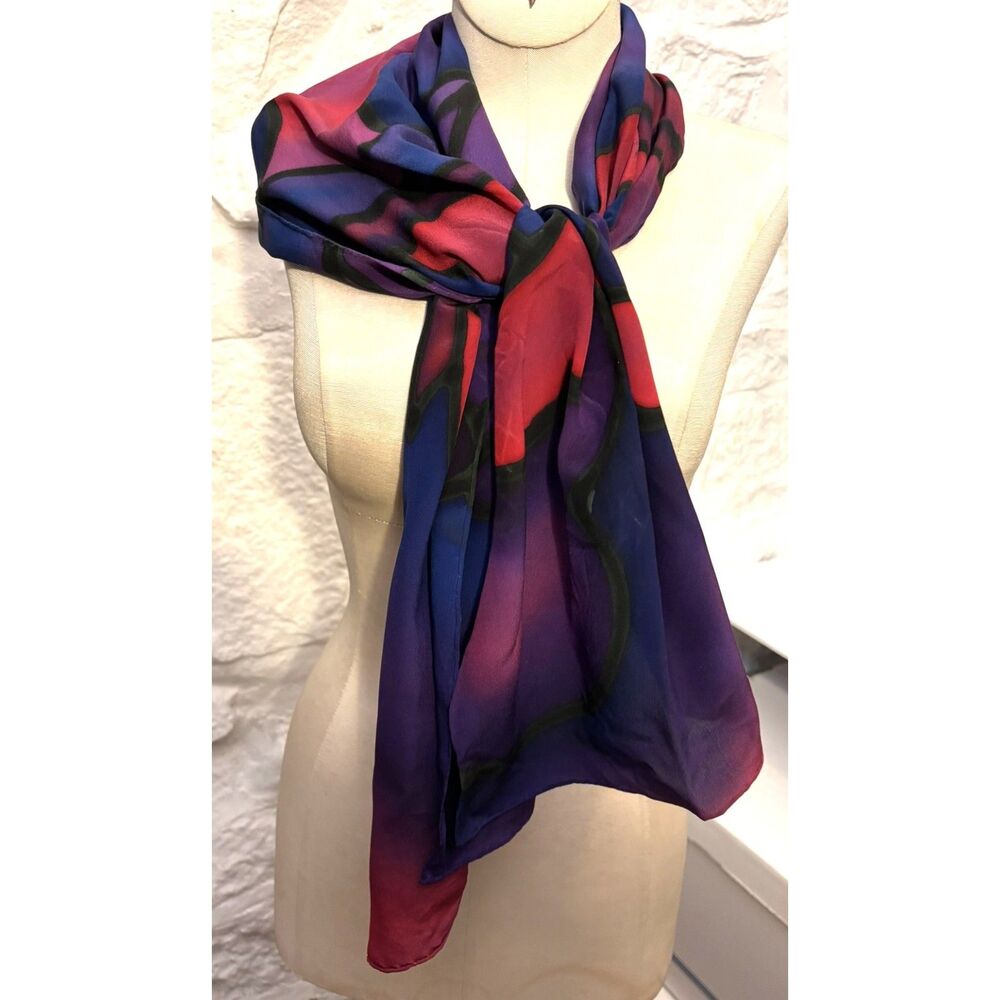 Signed Artisan Hand-Dyed Silk Scarf Abstract Wearable Art Purple Red Blue FLAWED